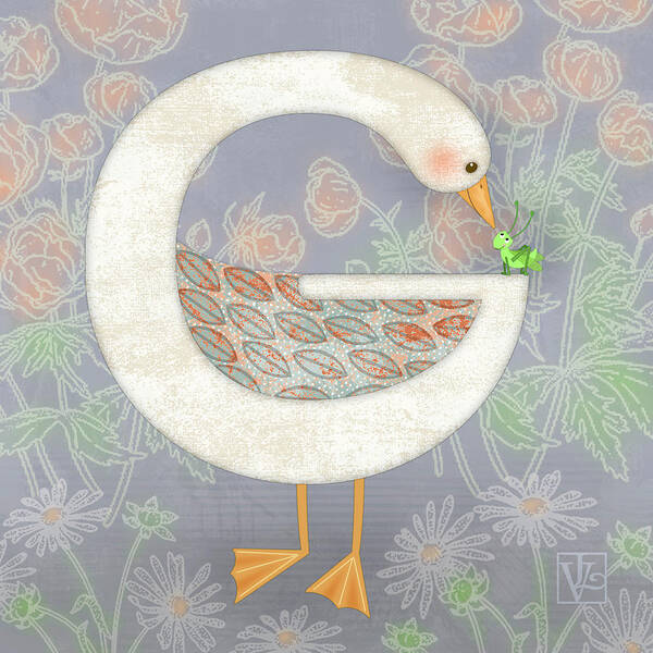 Goose Art Print featuring the digital art G is for Goose and Grasshopper by Valerie Drake Lesiak