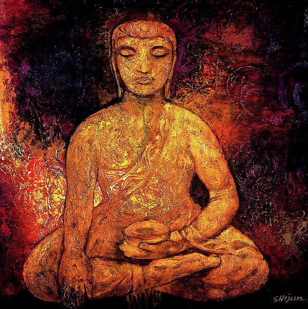 Oil Painting Art Print featuring the painting Golden Buddha by Shijun Munns