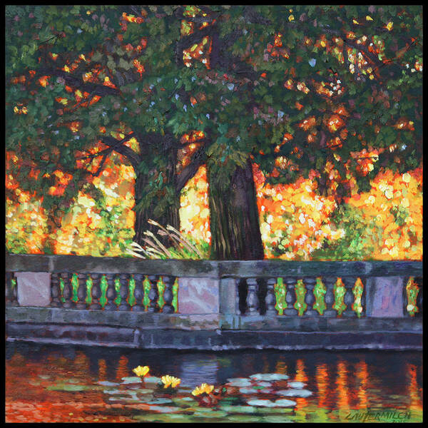 Trees Art Print featuring the painting Golden Fall Light by John Lautermilch