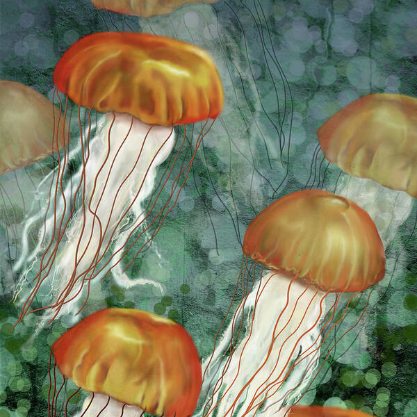 Jellyfish Art Print featuring the digital art Golden Jellyfish in Green Sea by Sand And Chi