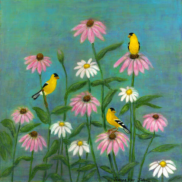 Birds Goldfinch And Cone Flowers Art Print featuring the painting Goldfinch and Cone Flowers by Jeanne Juhos