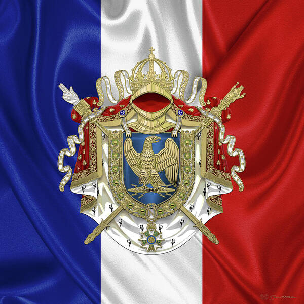 'napoleon Bonaparte' Collection By Serge Averbukh Art Print featuring the digital art Greater Coat of Arms of the First French Empire over Flag by Serge Averbukh