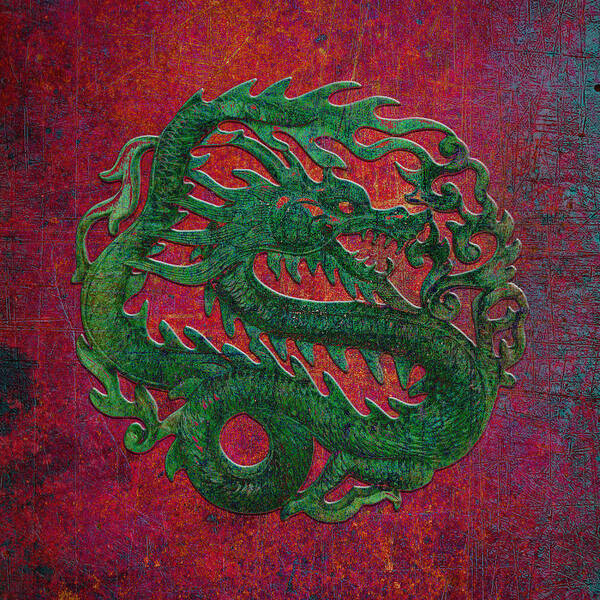 Chinese Art Print featuring the digital art Green Dragon Carving on a Red and Purple Background by Fred Bertheas