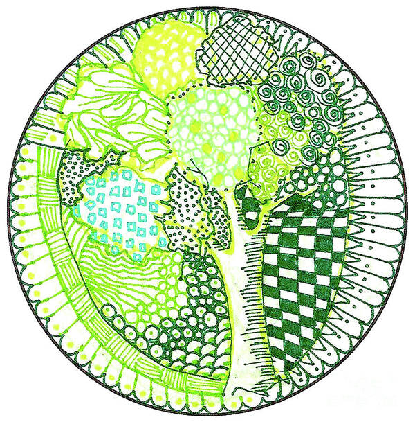 Zentangle Design Patterns Circle Green Colors Art Print featuring the tapestry - textile Green Tree by Ruth Dailey