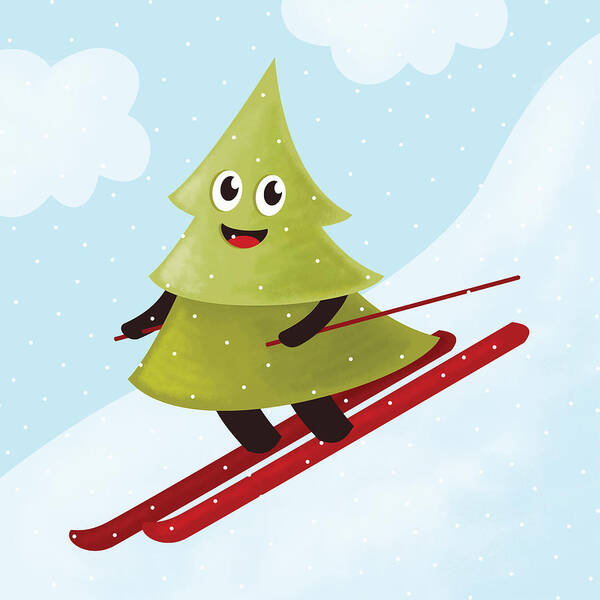 Tree Art Print featuring the digital art Happy Pine Tree On Ski by Boriana Giormova