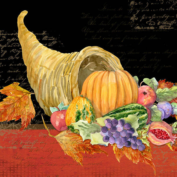 Cornucopia Art Print featuring the painting Harvest Cornucopia of Blessings - Pumpkin Pomegranate Grapes Apples by Audrey Jeanne Roberts