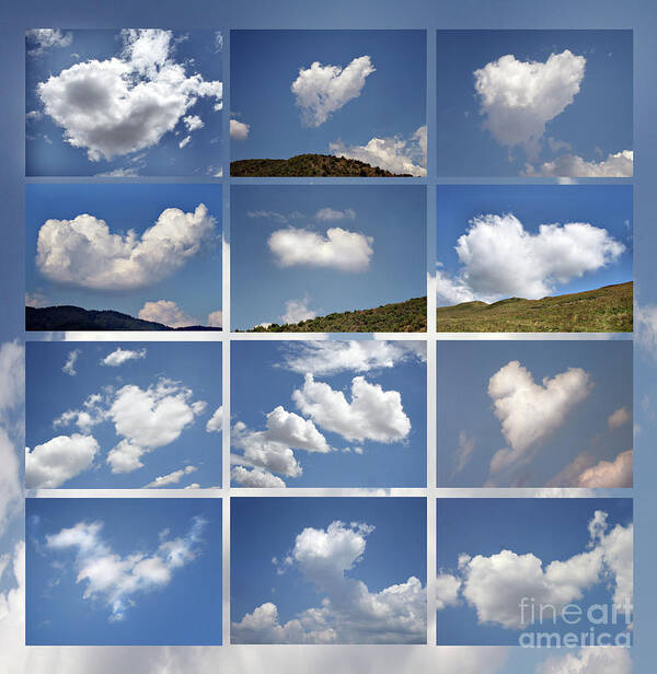 Cloud Art Print featuring the photograph Heart shaped clouds - Collage by Daliana Pacuraru