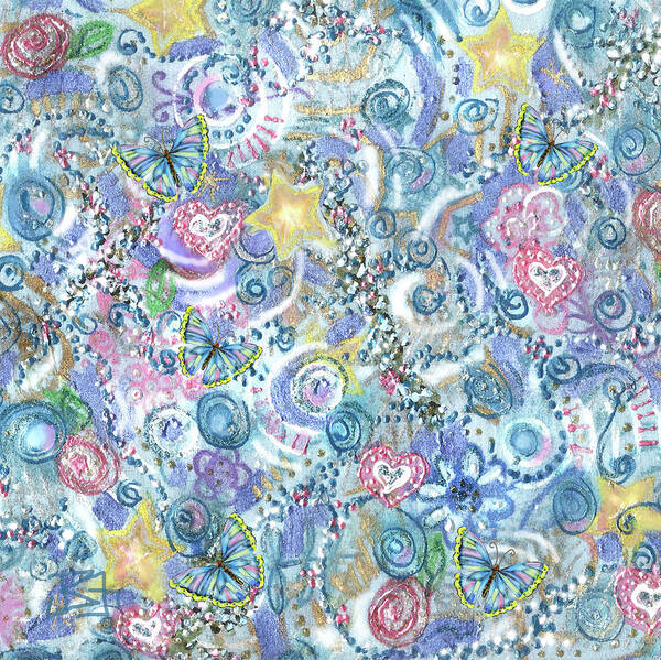 Pastel Art Print featuring the painting Pattern Hearts and Butterflies by Jean Batzell Fitzgerald