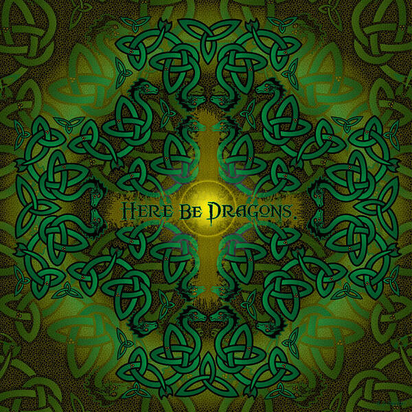 Dragons Art Print featuring the digital art Here Be Dragons by Celtic Artist Angela Dawn MacKay