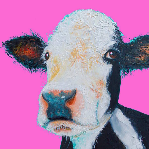 Hereford Cow Art Print featuring the painting Hereford cow on hot pink by Jan Matson