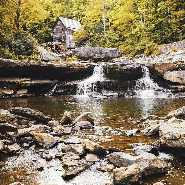 America Art Print featuring the photograph Historic Glade Creek Grist Mill Autumn Landscape - Square Format by Gregory Ballos