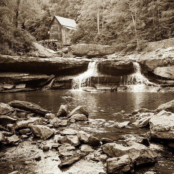 Autumn Art Print featuring the photograph Historic Glade Creek Grist Mill Sepia Landscape - Square Format by Gregory Ballos