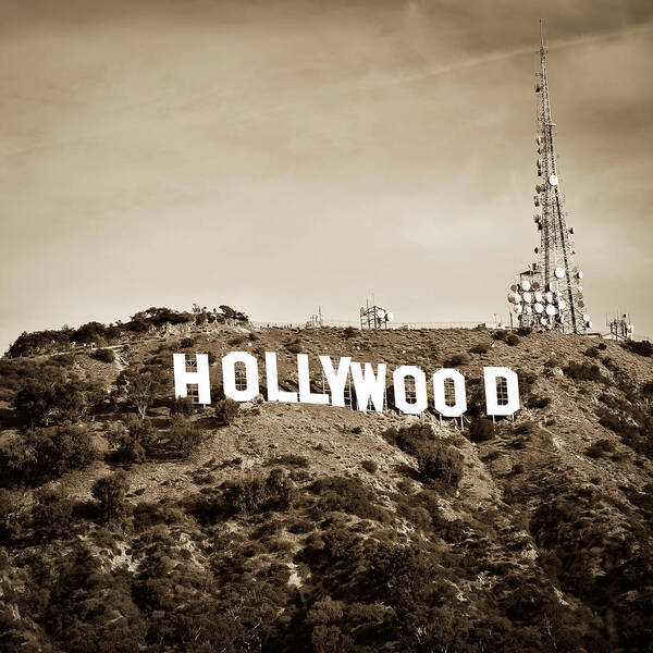 America Art Print featuring the photograph Hollywood California Sign in Sepia - Square Format by Gregory Ballos