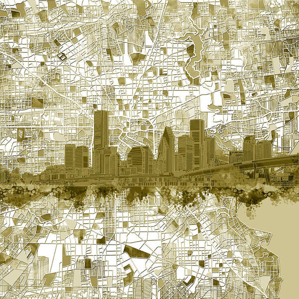 Houston Art Print featuring the painting Houston Skyline Map 7 by Bekim M