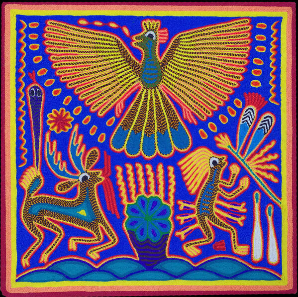 Huichol Art Print featuring the painting Huichol Shaman Deer and Bird by Andrew Osta