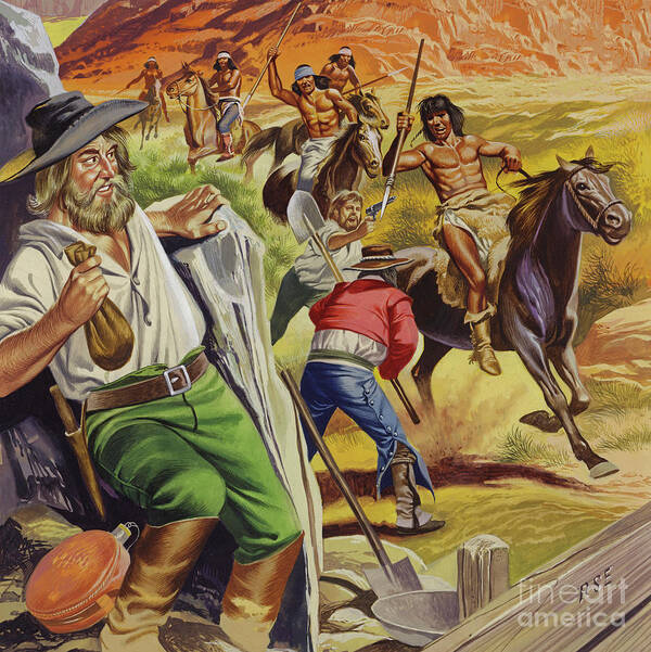 Panning Art Print featuring the painting Jacob Waltz and his friend being attacked by Apache Indians by Ron Embleton