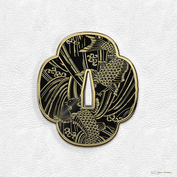 'treasures Of Japan' Collection By Serge Averbukh Art Print featuring the digital art Japanese Katana Tsuba - Golden Twin Koi on Black Steel over White Leather by Serge Averbukh