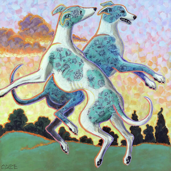 Greyhounds Art Print featuring the painting JUmping for Joy by Ande Hall