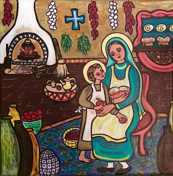 Kitchen Madonna Pottery Red Peppers Garlic Teapot Apples Child Jesus Mary Fireplace Rugs Cross Art Print featuring the painting Kitchen Madonna by Susie Grossman