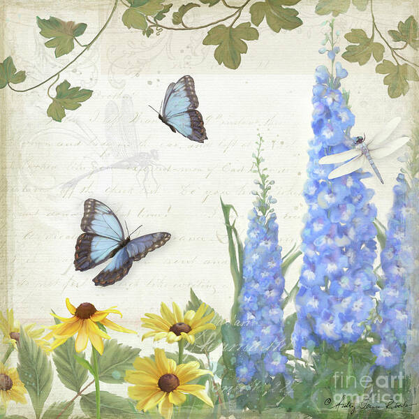 Le Petit Jardin Art Print featuring the painting Le Petit Jardin 1 - Garden Floral w Butterflies, Dragonflies, Daisies and Delphinium by Audrey Jeanne Roberts