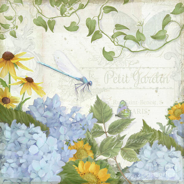 Le Petit Jardin Art Print featuring the painting Le Petit Jardin 2 - Garden Floral w Dragonfly, Butterfly, Daisies and Blue Hydrangeas by Audrey Jeanne Roberts