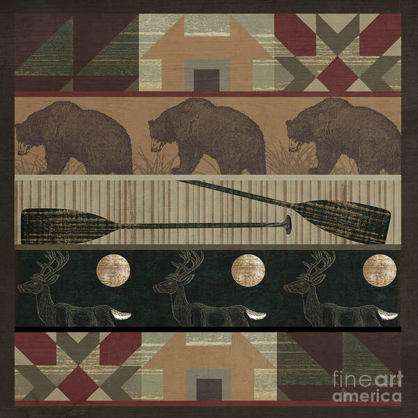 Bears Art Print featuring the painting Lodge Cabin Quilt by Mindy Sommers