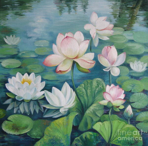 Lotus Art Print featuring the painting Lotus flowers by Elena Oleniuc