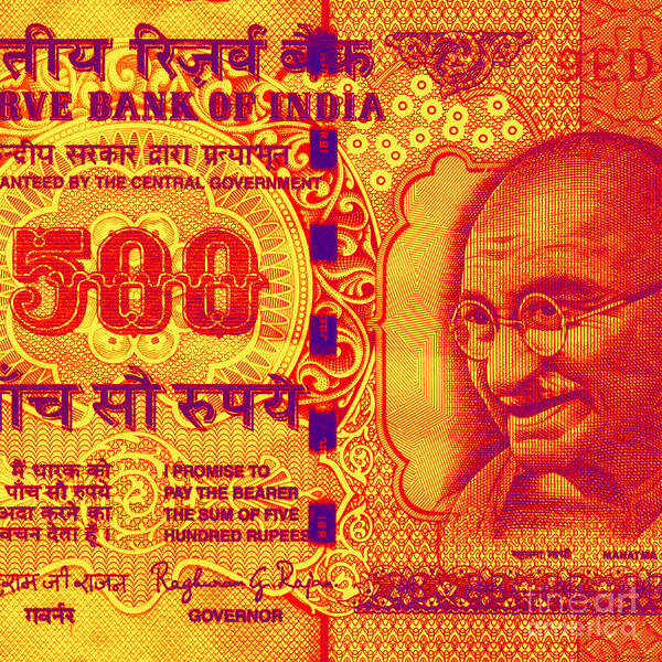 Gandhi Art Print featuring the digital art Mahatma Gandhi 500 rupees banknote by Jean luc Comperat
