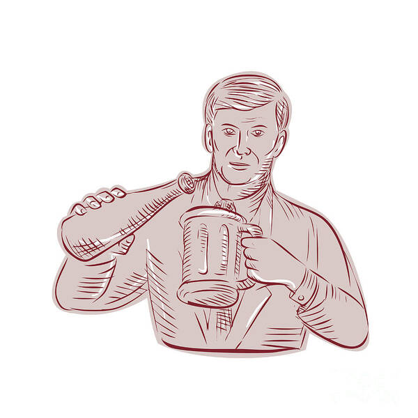 Etching Art Print featuring the digital art Man Pouring Beer Mug Etching by Aloysius Patrimonio