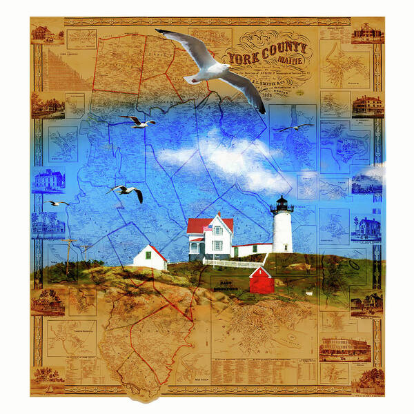 Seagulls Art Print featuring the digital art Map of York County ME with Nubble Light by Barry Wills