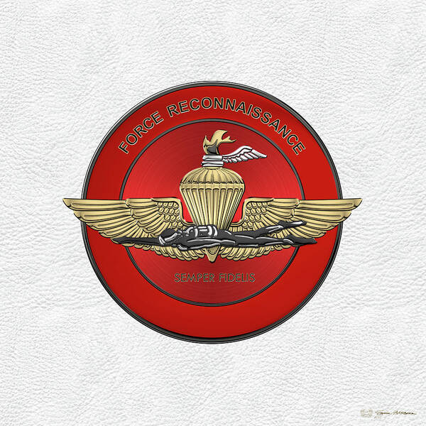 'military Insignia & Heraldry' Collection By Serge Averbukh Art Print featuring the digital art Marine Force Reconnaissance - U S M C  F O R E C O N Insignia over White Leather by Serge Averbukh