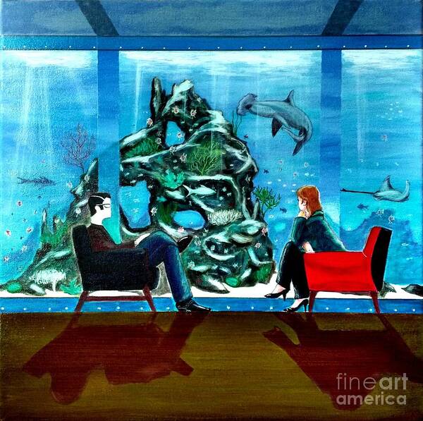 Johnlyes Art Print featuring the painting Marinelife Observing Couple Sitting in Chairs by John Lyes