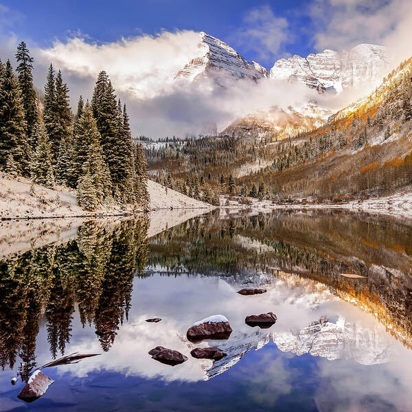 America Art Print featuring the photograph Maroon Bells Autumn Mountain Reflective Landscape - 1x1 Square Format by Gregory Ballos