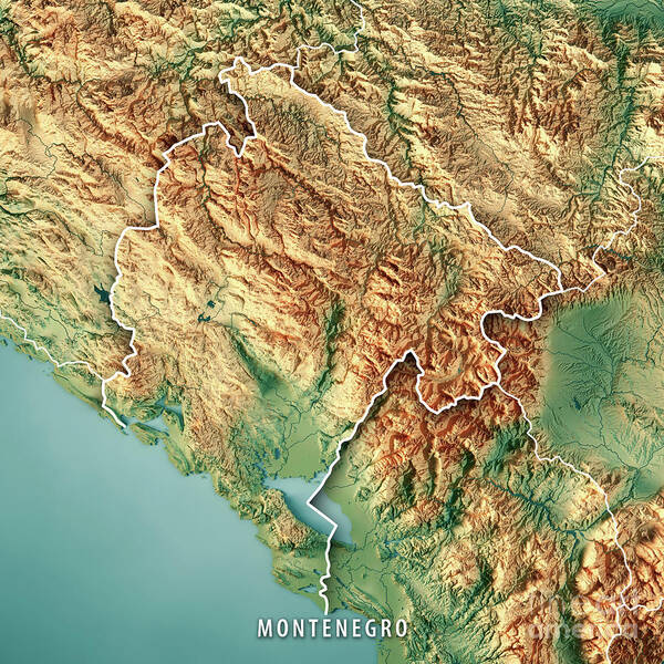 Montenegro Art Print featuring the digital art Montenegro Country 3D Render Topographic Map Border by Frank Ramspott