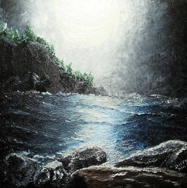 Bay Art Print featuring the painting Moon light on the ocean by Shelley Bain