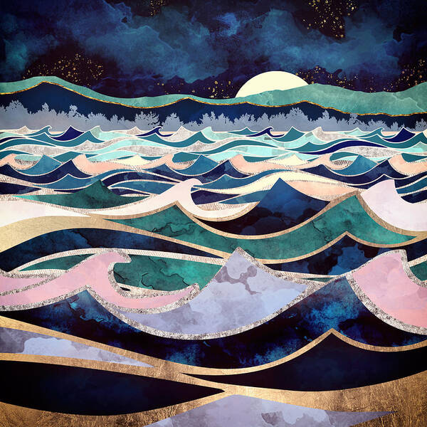 Ocean Art Print featuring the digital art Moonlit Ocean by Spacefrog Designs