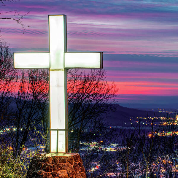 America Art Print featuring the photograph Mt Sequoyah Cross at Sunset - Square Print - Fayetteville Arkansas by Gregory Ballos
