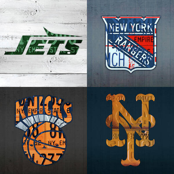 New York Art Print featuring the mixed media New York Sports Team License Plate Art Collage Jets Rangers Knicks Mets V2 by Design Turnpike