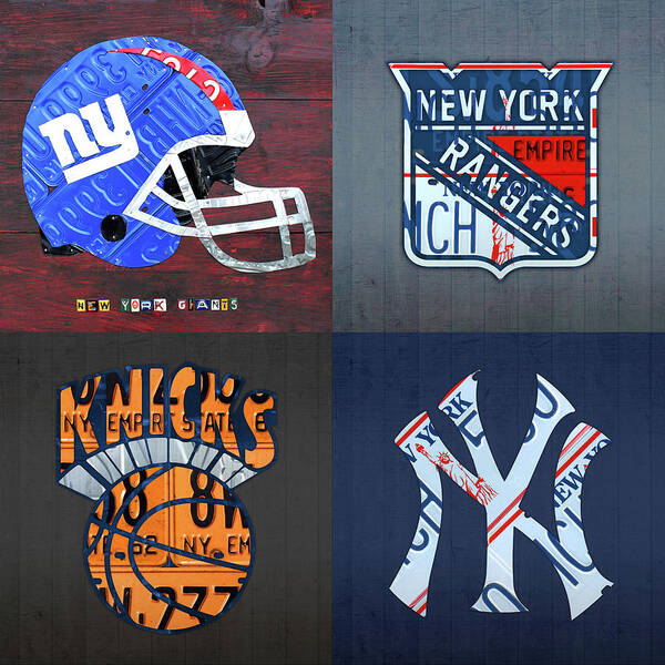 New York Art Print featuring the mixed media New York Sports Team License Plate Art Giants Rangers Knicks Yankees by Design Turnpike