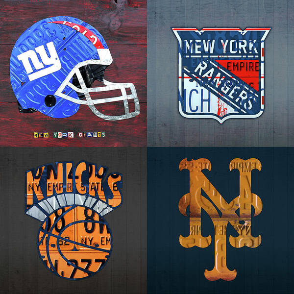 New York Art Print featuring the mixed media New York Sports Team Logo License Plate Art Giants Rangers Knicks Mets V8 by Design Turnpike