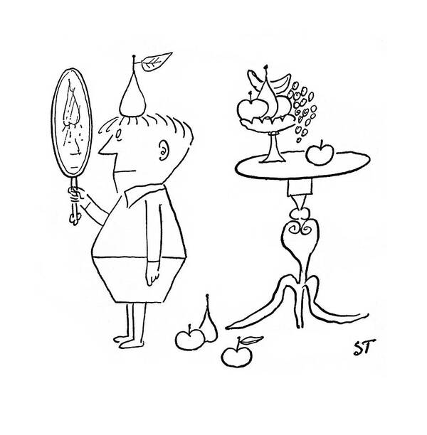 96993 Sst Saul Steinberg (little Boy With A Pear On His Head Looks At Himself In A Hand Mirror.) Appearances Attire Boy Boys Childhood Children Clothes Clothing Creativity Fancy Fashion Fruit Girl Girls Hand Hat Head Himself Imagination Kid Kids Little Looks Mirror Pear Style Vain Youth Art Print featuring the drawing New Yorker January 3rd, 1953 by Saul Steinberg