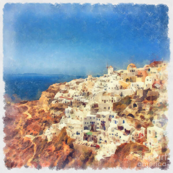 Tourism Art Print featuring the photograph Oia watercolour by Sophie McAulay