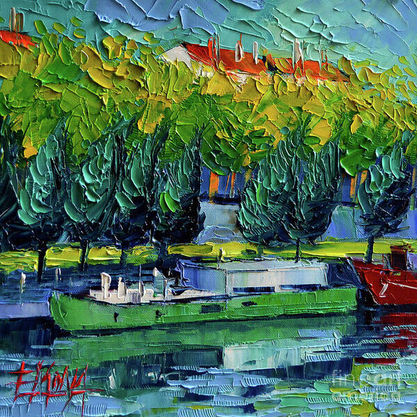 One Barge On The Rhone River Art Print featuring the painting ONE BARGE ON THE RHONE RIVER - impasto palette knife oil painting by Mona Edulesco