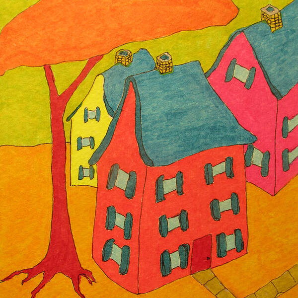 Hagood Art Print featuring the painting Orange Umbrella Tree And Three Homes by Lew Hagood