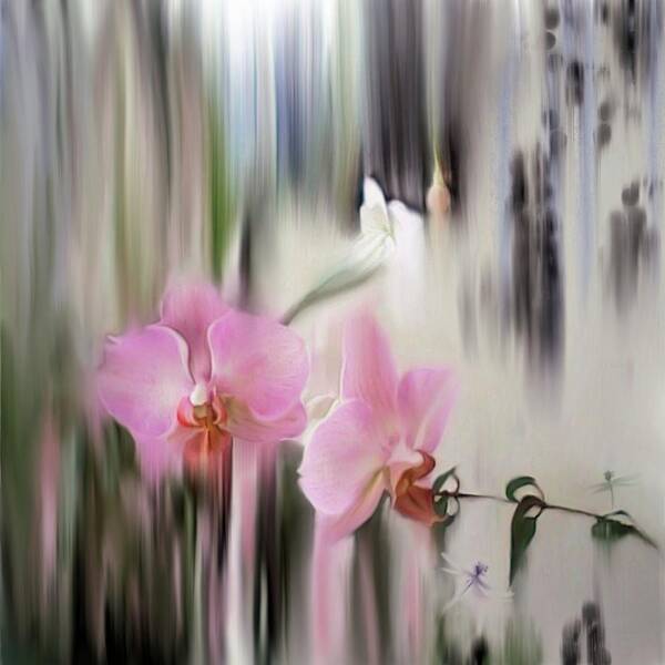 Orchids Art Print featuring the digital art Orchids with dragonflies by Sand And Chi