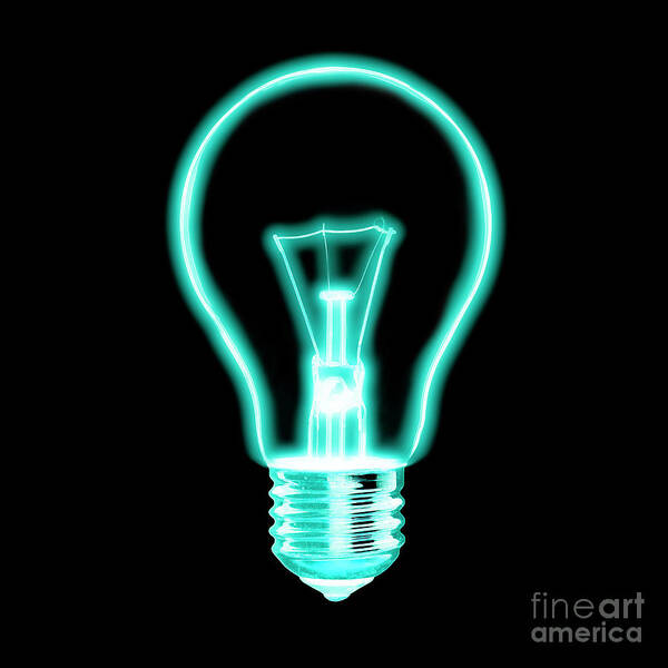Glow Art Print featuring the photograph Outline of glowing light blue Light bulb, on black background by Phill Thornton
