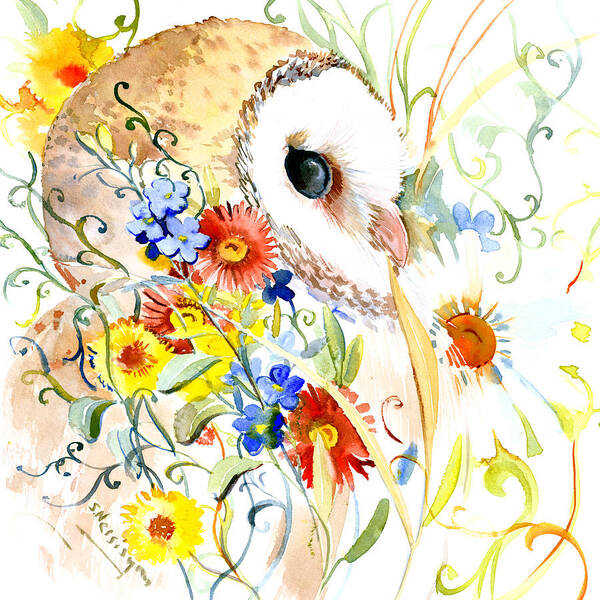 Owl Owl Art Art Print featuring the painting Owl And Flowers by Suren Nersisyan