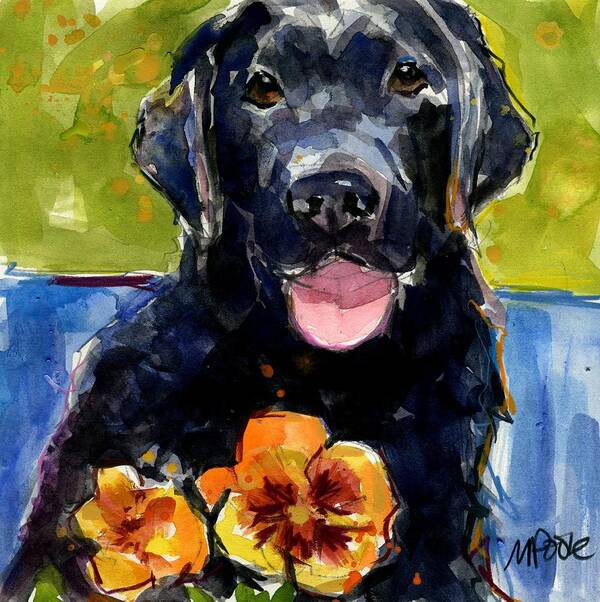 Black Lab Puppy Art Print featuring the painting Pansies by Molly Poole