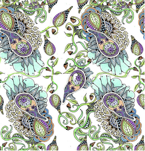 Fabric Patterns Pen And Ink Leaves Zentangles Doodles Purple And Blue Art Print featuring the tapestry - textile Parameecee by Ruth Dailey
