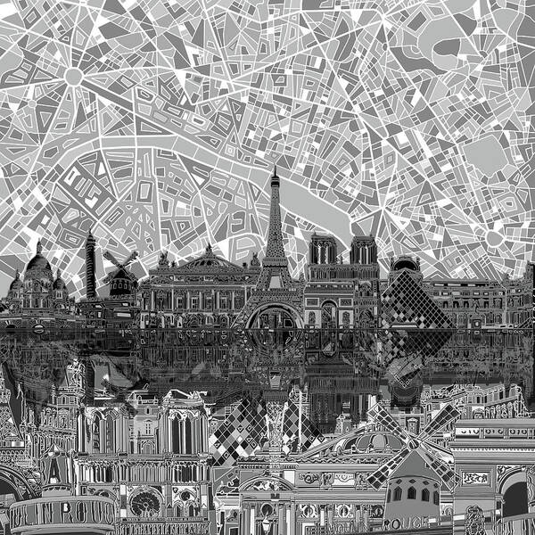 Paris Art Print featuring the painting Paris Skyline Black And White by Bekim M